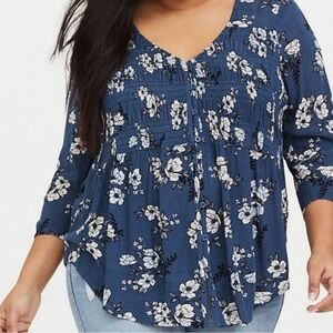 Torrid Women’s Size 1 1X (14-16) Blue Floral Smocked‎ Gauze Blouse